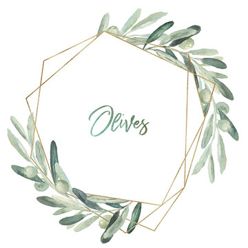 Watercolor olea floral illustration - olive leaf wreath / frame with gold geometric shape, for wedding stationary, greetings, wallpapers, fashion, background.