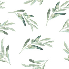 Seamless watercolor olea floral pattern with olive branches and leaves on white background - 221829012