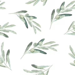 Fototapete Blumendrucke Nahtloses Aquarell olea Blumenmuster mit Olivenzweigen und Blättern auf weißem Hintergrund