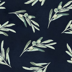 Seamless watercolor olea floral pattern with olives branches and leaves on black background