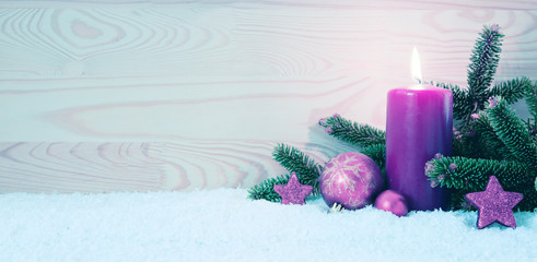Christmas red decoration and Advent candle. Christmas card.
