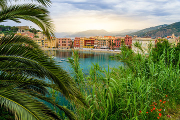 Sestri Levante - Paradise Bay of Silence with its boats and its lovely beach. Beautiful coast at Province of Genoa in Liguria, Italy, Europe.