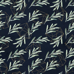 Seamless watercolor olea floral pattern with olive branches, leaves and gold geometric shapes on black background