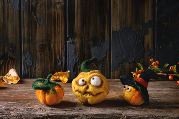 Variety of Funny craft Halloween needle felted pumpkins jack o lantern holiday decor with autumn...