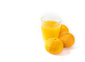 Fototapeta na wymiar Orange fruit and glass of juice isolated on white background