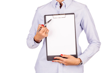 businesswoman showing empty flipboard over white.