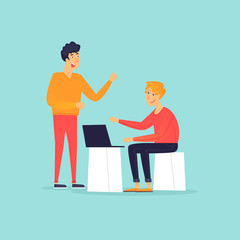 Teamwork, brainstorming ideas, office life. Flat design vector illustration.