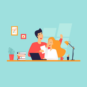 Teamwork, brainstorming ideas, office life. Flat design vector illustration.