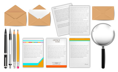 Documents Vector realistic set. Mail, papers, pencils 3d detailed illustrations