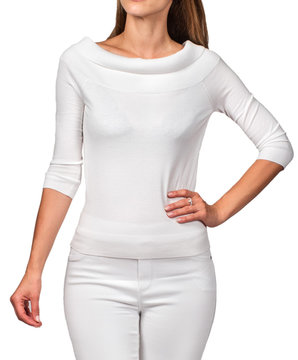 Model in white sweater