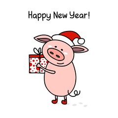 Happy New Year poster with cute pink piggy in sweet hat with gift box. Celebration flat vector illustration greeting poster