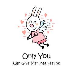 Obraz na płótnie Canvas Cute bunny cupid flies in the sky around many hearts. Vector love and Valentine`s Day flat animal illustration card