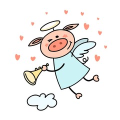 Cute piggy cupid flies in the sky around many hearts. Vector love and Valentine`s Day flat animal illustration card