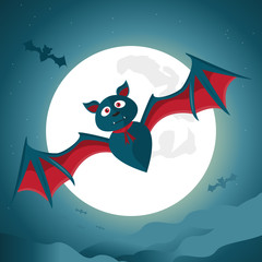 Halloween night background with big bat under the moonlight.