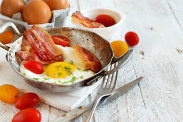 Breakfast with fried eggs and bacon - Continental breakfast