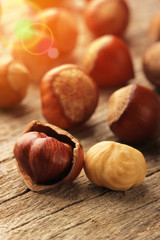 Hazelnuts on wooden table