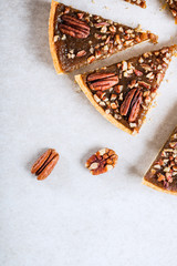 Pecan Pie, made from butter enriched pastry with golden syrup, maple sauce and breadcrumbs