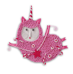 Fruit biscuit cake with whipped cream, molded from plasticine