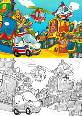 cartoon scene with different vehicles in the city car and flying machines - ambulance plane and helicopter - with artistic coloring page - illustration for children