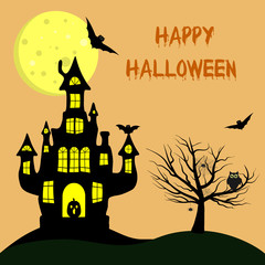 Happy Halloween. A witch s castle with a pumpkin, near a tree, an owl, spiders and cobwebs, volatile vampires against the full moon.
