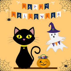 Happy Halloween. A black cat is sitting. Next to the pumpkin with sweets. Bringing in the hat of the witch holds the flags. Flags and spiders with a spider on an orange background.