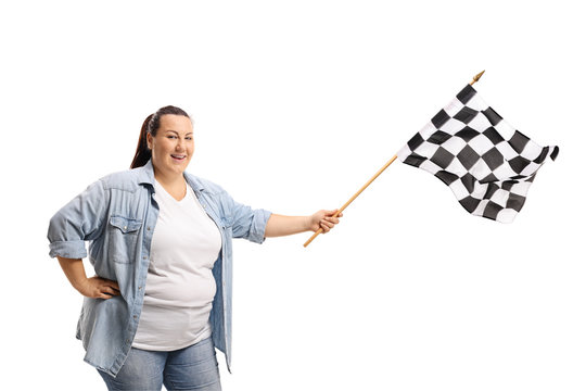 Woman waving a checkered race flag
