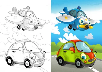 Fototapete Autorennen zeichentrickszene mit fahrzeugen auf der straße - polizeiflugzeug und auto - illustration für kinder