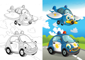scène de dessin animé avec conduite automobile et avion volant dans la ville - avec coloriage artistique - illustration pour enfants