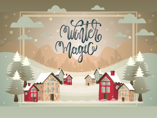Cartoon illustration with snowy village and Marry Christmas land