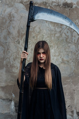 Portrait woman ghost demon she holding reaper