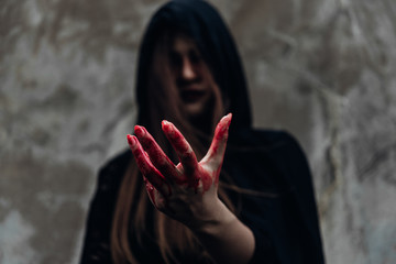 Portrait monster woman ghost and hand have red blood