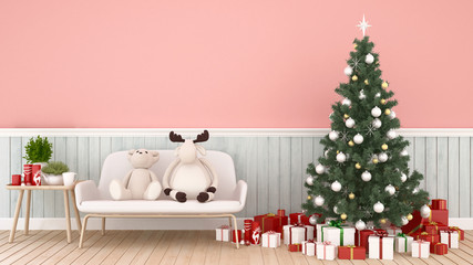 Baby animal doll on sofa , Christmas tree and gift box in living room on pink tone -  artwork for Christmas day or happy new year- 3D Illustration