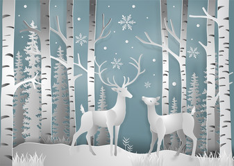 Obraz premium Minimalism of winter season and Christmas day Deer under the view pine forest landscape with snow background. paper art and digital craft style. Vector illustration.