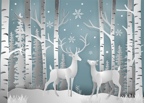 Minimalism of winter season and Christmas day Deer under the view pine forest landscape with snow background. paper art and digital craft style. Vector illustration. © Small Smiles_dimple