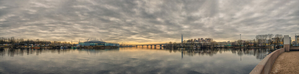 The sunset panorama of the West Spit of Yelagin Island.