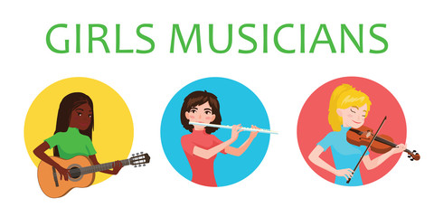 Musicians girls of different nations is inspired to play musical instruments. Violinist, flutist, guitarist. Vector illustration in flat cartoon style on white background for your design, print