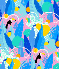 Fototapeta na wymiar Seamless summer pattern with colorful jungle leaves, toucans and fruits. Bright tropical summer pattern with toucans, palm leaves, apple, lemon, oranges. Pattern with abstract mixed fruits with jungle