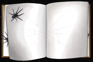 Un livre ouvert est envahi par des araignées qui ont tissé une toile