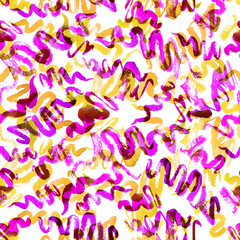 Curly purple and yellow lines abstract seamless pattern design, hand painted watercolor on white background