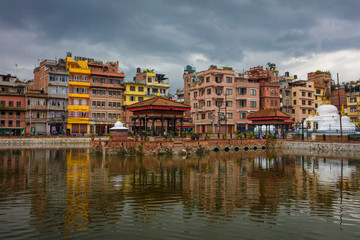 View of old buildings and lake in Patan, Nepal