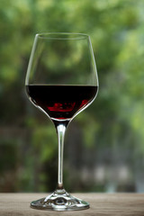 glass of red wine on green foliage background