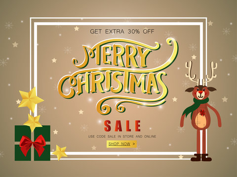Merry Christmas sale banner with shining stars and reindeer.