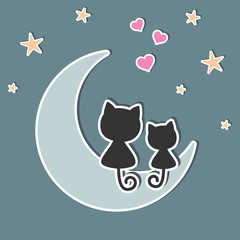 A beautiful two cute cats in love sitting on the moon at night.