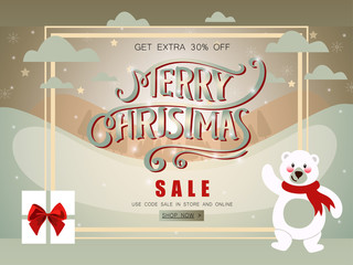 Landscape snowy sale banner with hand lettering.