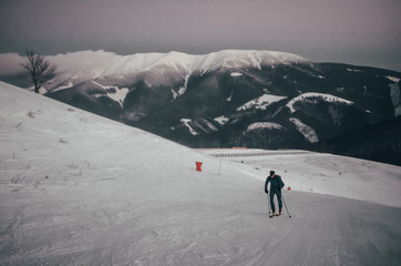 Alone skier in dark winter landscape - sport photo, active life