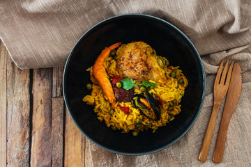 Prawn with rice - closeup of prawn with rice - traditionnal spanish food paella