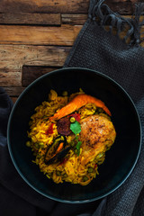 Prawn with rice - closeup of prawn with rice - traditionnal spanish food paella