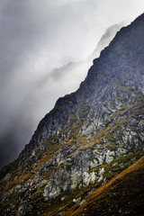 fog on the slope in the autumn mountains