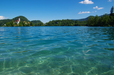 Lake Bled and mountains.