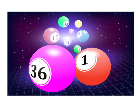 abstract star background, lottery balls with numbers flying towards, grid